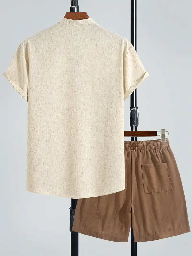 2-Piece Blended Linen Set for Men – V-Neck
